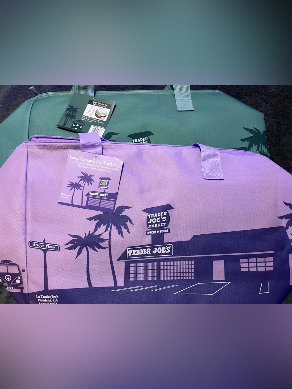NWT Set of 2 Trader Joe's Large Insulated Bag - Purple Rain & Dusty Blue